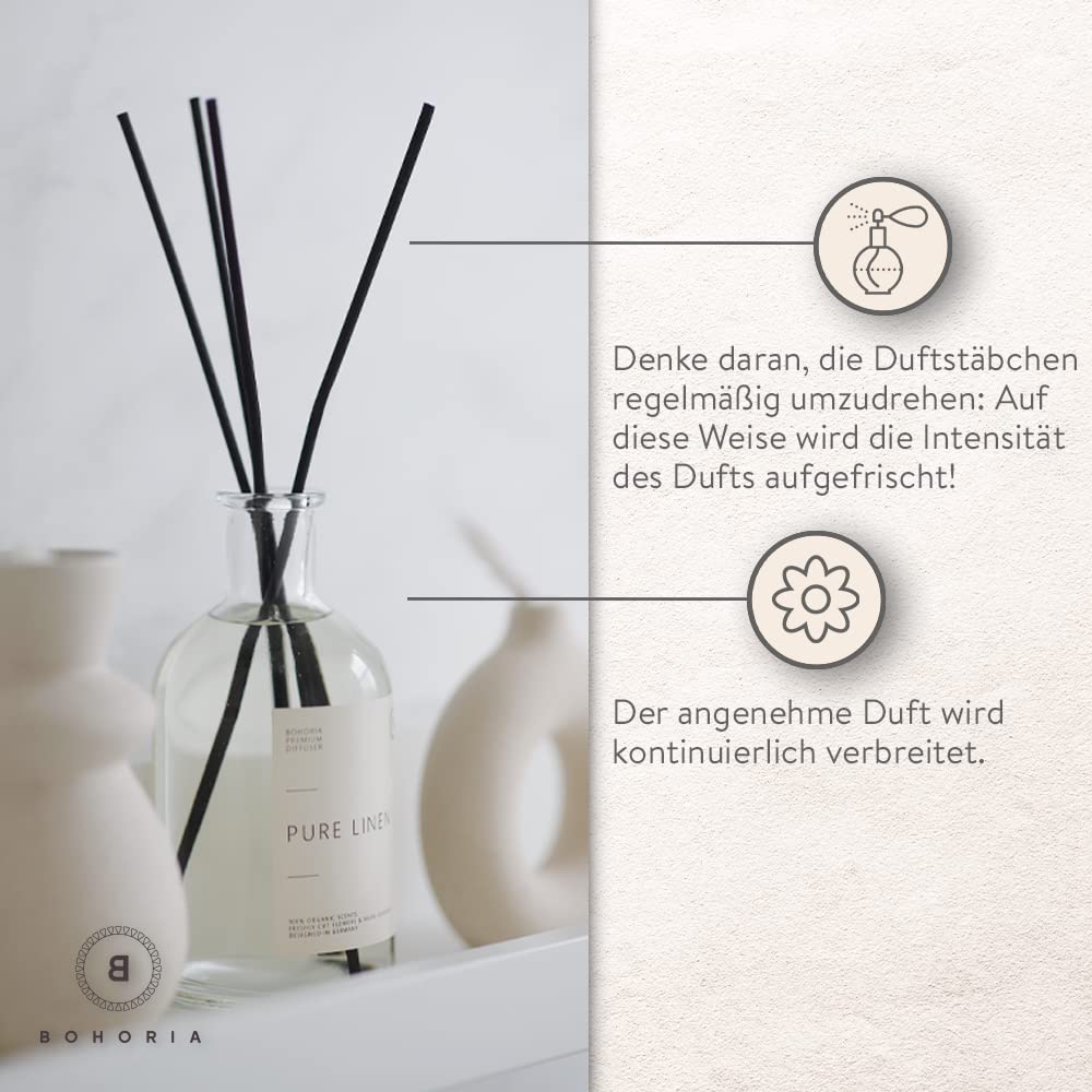 BOHORIA® Raumduft Raumdiffuser Duftstäbchen Lufterfrischer mit Frische Wäsche Duft – stimulierender und frischer Raumduft für EIN einzigartiges Dufterlebnis im Wohnzimmer Büro WC (Pure Linen, 250ml) 9