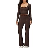 iGENJUN Women's 2 Piece Sets Long Sleeve Square Neck Low Rise Flare Leggings Sets Yoga Sweatsuit Tracksuits Lounge