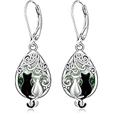 Cat Earrings Moss Agate Black Cat Earrings for Women Sterling Silver Filigree Cats Dangle Drop Earring Jewelry Leverback Gifts