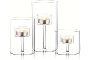 BIGSEE Glass Hurricane Candle Holder, 3pcs Clear Cylinder Candle Holders Bulk for Pillar Candles, Open Ended Glass Candle Pedestal for Wedding Centerpieces Tables, Party, Event(No.01)