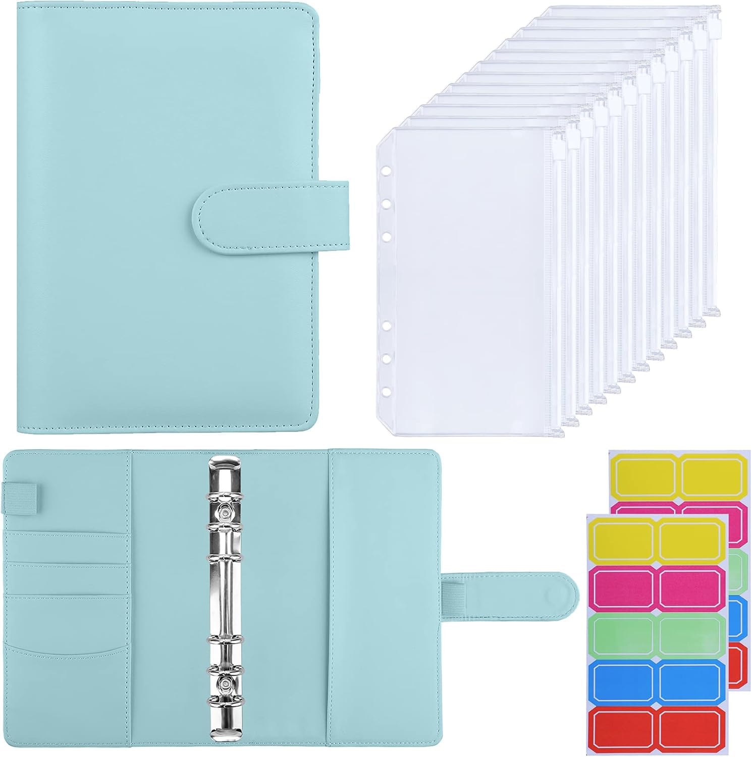 HAUTOCO A6 Budget Binder with Zipper Envelopes for Money Organiser, Budget Planner with Cash Envelopes, Money Saving Wallet for Budgeting, Cash Stuffing Wallet Binder with Binder Pockets, Mint Blue