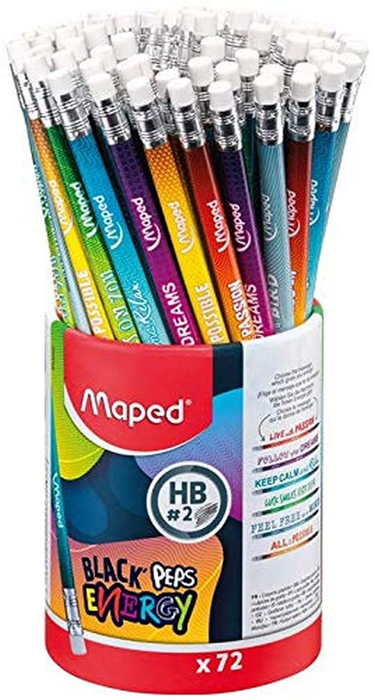 Maped Black'Peps Energy HB 72 Graphite Pencils with Eraser Tip - Inspiring Messages - Pot of 72 Novelty Pencils