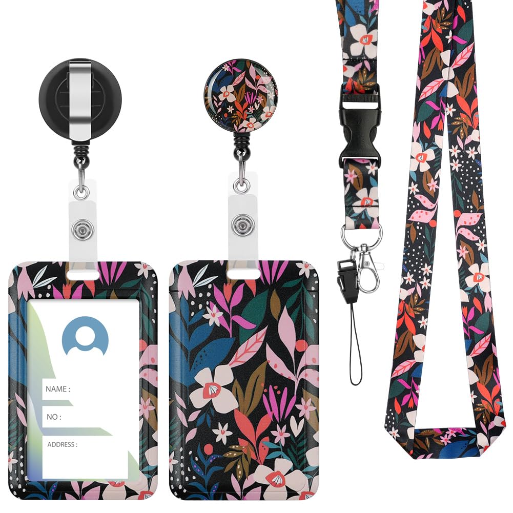 Vicloon Badge Holder with Lanyard, 2Pcs ID Card Holder, Retractable Reel Clip & Detachable Strap (Pink Flower)