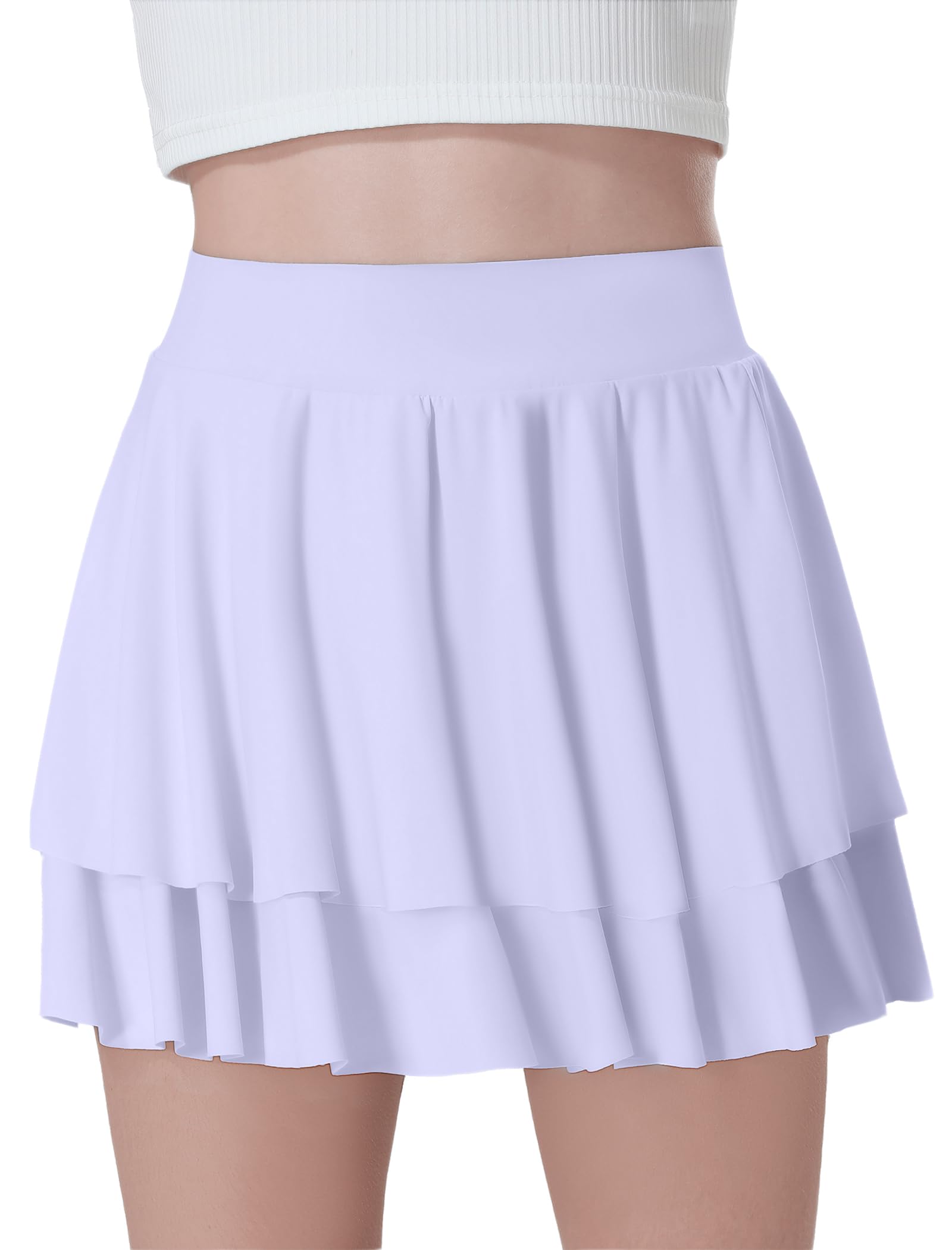 Photo 1 of EXARUS Girls Athletic Tennis Skirt Golf Skort Cheer Flowy with Shorts Underneath Tiered Mini High Waisted Pleated Preppy Light Purple 8Y