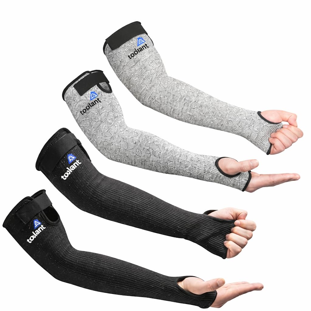 OriStout Cut Resistant Gardening Sleeves with Tumb Hole, Protective Arm Sleeves for Yard Work, Kitchen, Arm Guards for Biting, Pet Grooming, Gardening for Women, Black & Grey, 2 Pairs Image