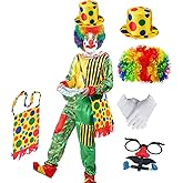 Funny Clown Costume Set Adult Teens 7pcs Colorful Jumpsuit with Curly Wig Glasses Dot Bag Hat Halloween Party Outfit