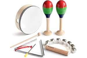 MUSICUBE 7 Pcs Musical Instrument Toys Set for Kids Wooden Percussion Instrument with Hand Drum, Maracas, Triangles, Hand Bell Educational Instrument for Toddler Birthday Gift for Boys Girls Aged 3+