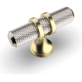 Amerdeco 10 Pack Brushed Satin Nickel Cabinet Knobs 2 Inch Length Single Hole T Bar Kitchen Cabinet Knob Knurled Cabinet Pulls for Drawer Dresser Cupboard ZH0025