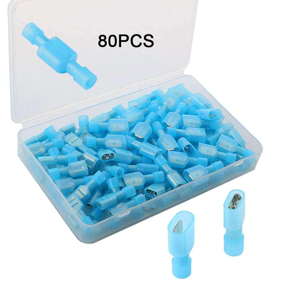 QitinDasen 80Pcs Premium Fully Insulated Quick Wire Connectors Set, Nylon Fully Insulated Male & Female Spade Quick Disconnects Wiring Wire Crimp Terminal (10A / 16-14 AWG, 40 Pair Blue)