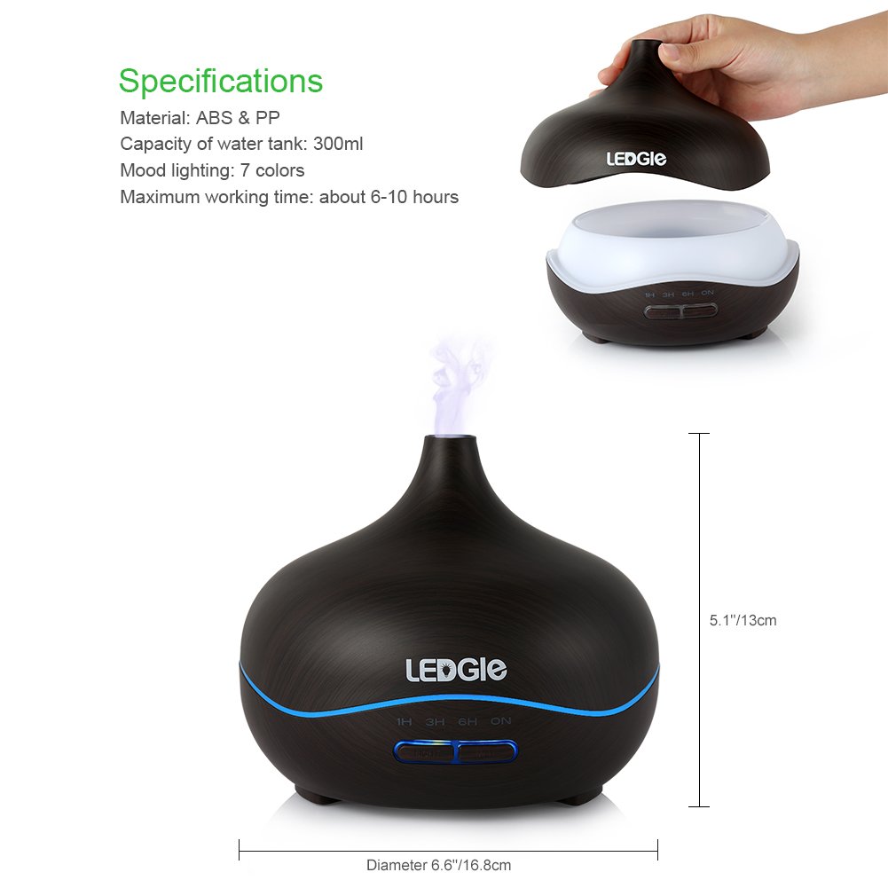 LEDGLE 300ml Home Essential Oil Diffuser (4 Timer Settings, 7 Color LED Lights, Up to 8H Use, Mist Control, Waterless Auto Shut-Off), Air Purifiers for Livingroom Bedroom Office Yoga Spa
