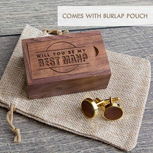 Best Man Gold Cufflinks Proposal Gift - Will You Be My BEST MAN? Proposal Gift Box with Walnut Wood Cuff Links - Wedding Favor Party Gift