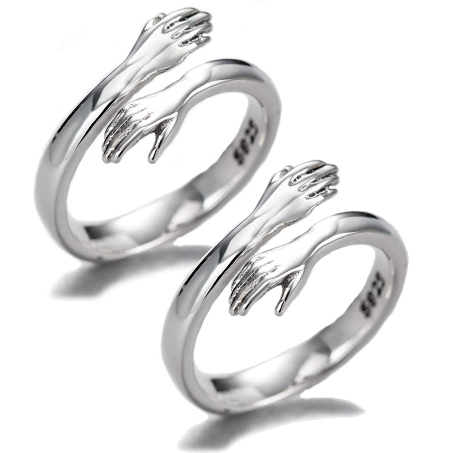 925 Sterling Silver Hug Rings for Women, I Love You Forever - Mother & Sister Gifts - Engraved Words - Hugging Hands - Open Ring - Friendship Jewelry (2PCS)