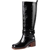 FRJR Knee High Boots for Women Square Toe Chunky Low Heel Pull On Fall Long Boots Wide Calf Comfortable Biker Riding Boots Black
