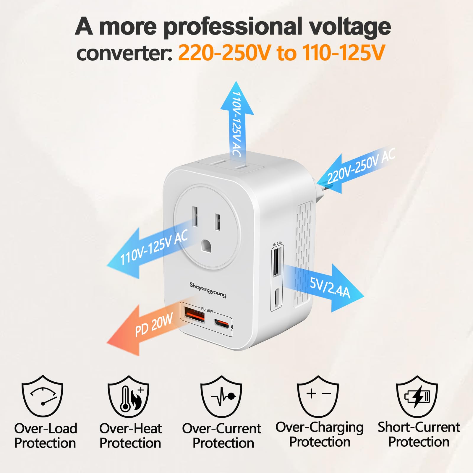 220V to 110V Voltage Converter US to Europe International Universal Travel Adapter, 20W PD With 2 USB-A 2 USB-C Port, Worldwide Power Converter Plug Combo US to Spain Italy Greece WHITE-N