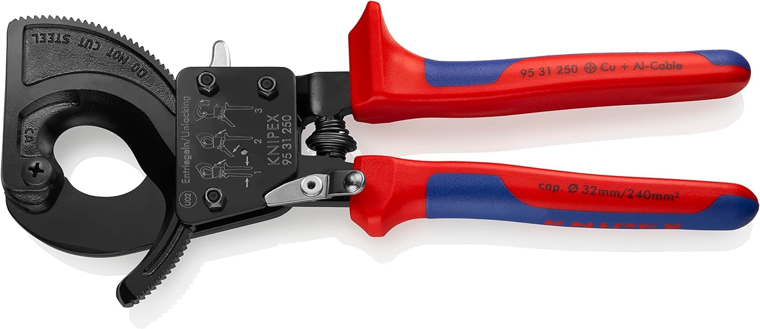 KNIPEX Cable Cutter (Ratchet Action) in Blister Black Lacquered with Multi-Component Handles 250 mm, 95 31 250