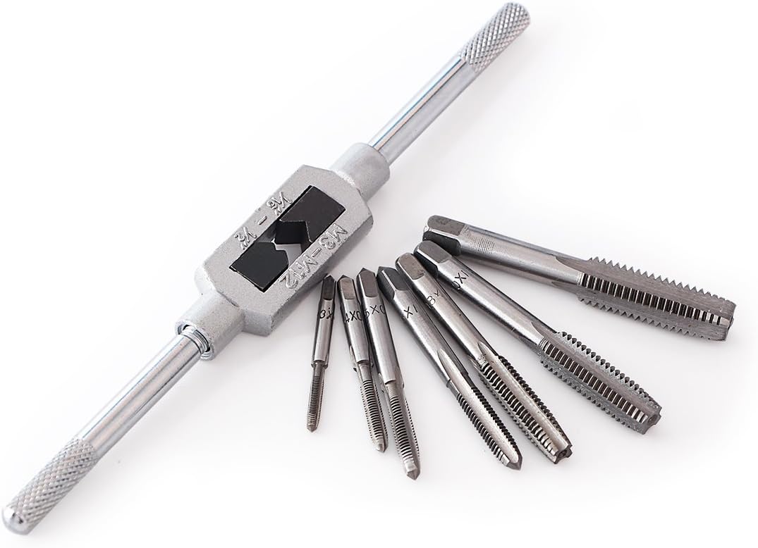 8pcs 3F Thread Metric Machine Hand Screw Thread Plug Taps Set M3 M4 M5 M6 M8 M10 M12with Adjustable Tap Wrench 1/16-1/2''