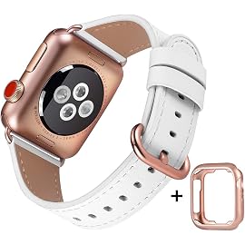JFdragon Compatible with Apple Watch Band 38mm 40mm Women Top Grain Leather Replacement Wrist Strap for iwatch Series 4 3 2 1,White+Series 4/3 Rose Gold Clasp