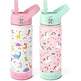 Fimibuke Kids Insulated Water Bottle, 18oz BPA FREE Kid Cup with Straw Double Wall Vacuum Tumbler 18/8 Stainless Steel Leak Proof Toddler Water Bottle for School Boys Girls (2 Pack, Unicorn/Dinosaur)