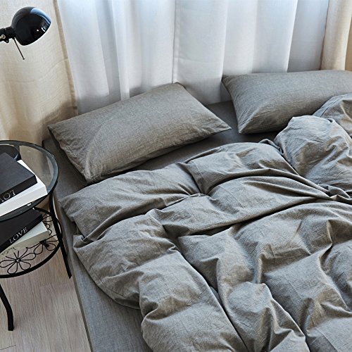 MooMee Duvet Cover Set Washed Cotton Soft Fluffy Linen Like Texture Natural Wrinkle Light Grey King