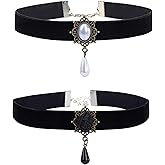 2pcs Gothic Victorian Choker Necklace: Vintage Black Velvet with Crystal Charms & Shell Pearl Drop | Adjustable Retro Boho Punk 80s 90s Style for Halloween Christmas Cosplay Jewelry （black/white）