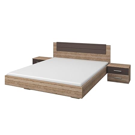 Rauch Bett 160x200 mit Nachttischen Eiche San Remo hell, Absetzungen Lavagrau, Stellmaß LxBxH 206x285x85 cm
