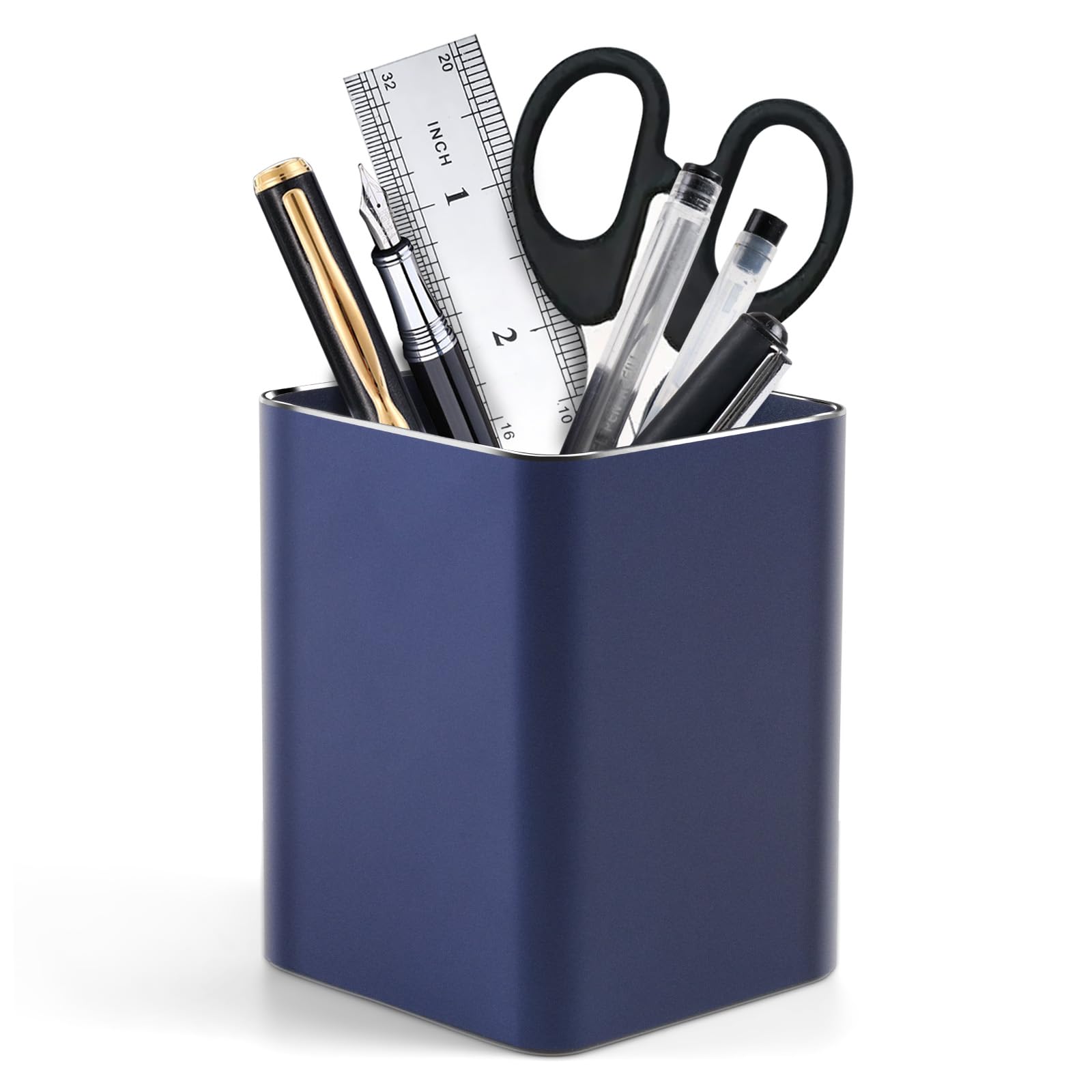 RQB Metal Pen Holder for Desk Square Aluminum Desktop Organizer and Makeup Brush Holder Storage Box for Office, School, Home, and Kids, Non-slip silicone 4×3.15inch (Blue)