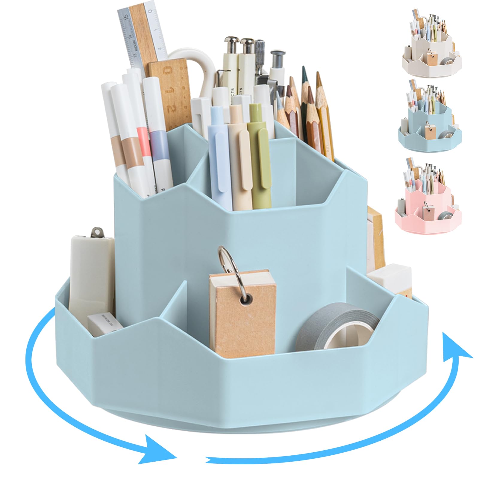 Ceysin Desk Organiser, 360 Degree Rotating Pen Pencil Holder with 9 Compartments, Multifunctional Pen Pots Makeup Brushes Holder Desktop Stationary Storage for Home Office Supplies Desk Tidy (Blue)