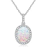 YUNKAI 14K White Gold Plated Opal Necklace for Women, 925 Sterling Silver Dainty Pendant Necklace Simple Round Oval Pear opal October Birthstone Jewelry Gift for Her Mom Birthday Christmas