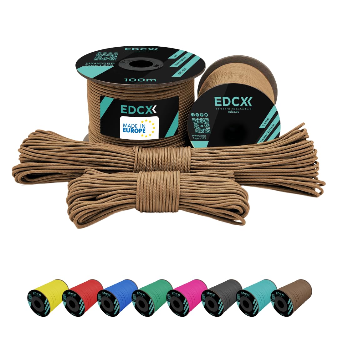 EdcX 2 mm Nylon Paracord 275 (15, 30, 50 and 100 m)– 100% Nylon rope, 3-Strand cord, Nylon cord 2 mm in Many Colours (Tan, 30 m)