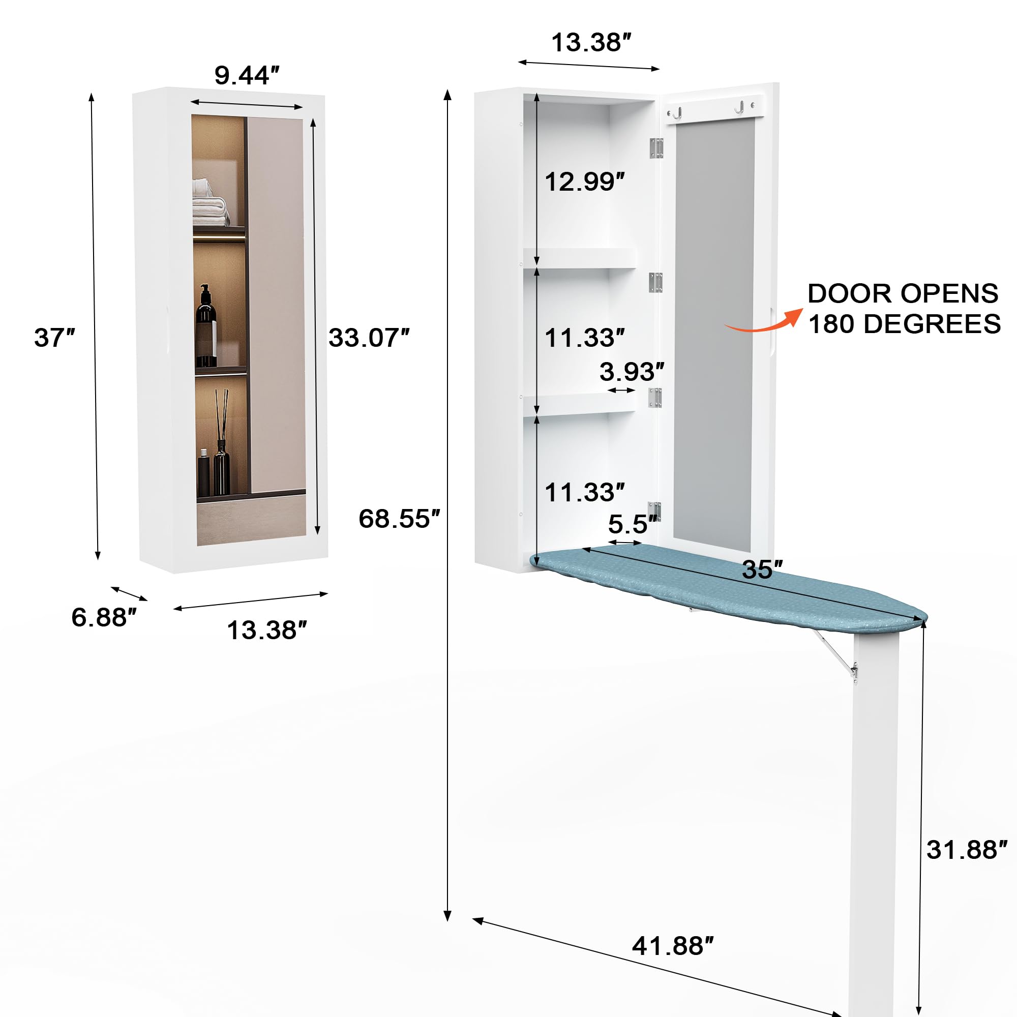 Wall Mounted Ironing Board with Storage Cabinet,Built in Ironing Board & Folding Support Leg, Wall-Mounted Mirrors for Home, Apartment & Small Spaces