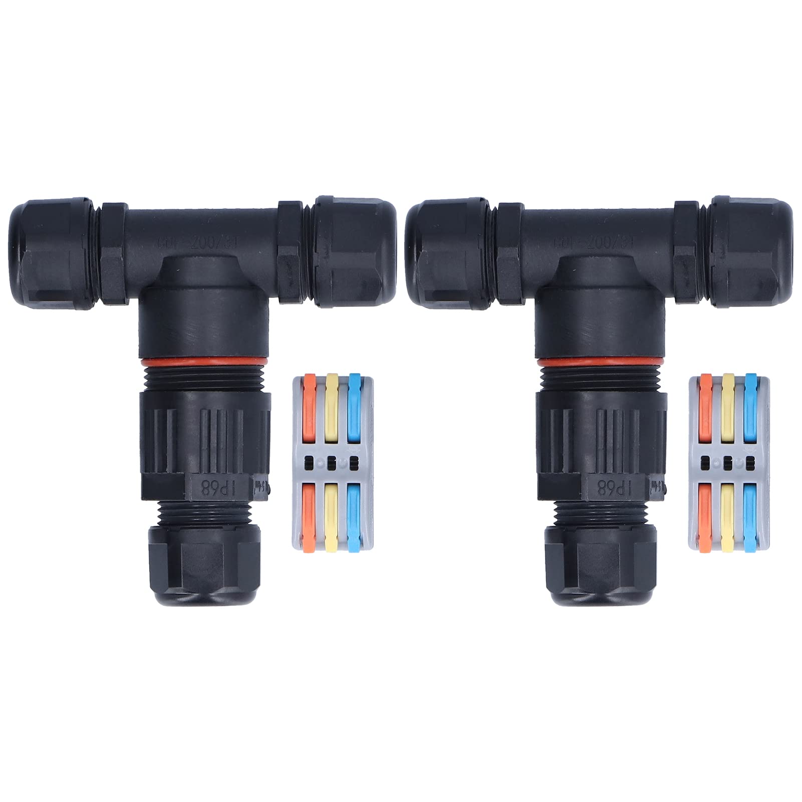 Tomotato Waterproof Junction Box Connector, Durable 3 Way T Shape Outdoor Cable Connector with Brass Contacts and Flame Retardant Nylon for Garden and Landscape Lights