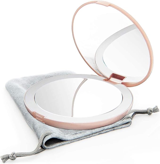 Magnifying Compact Mirror for Purses with LED Ring Light Up Pink