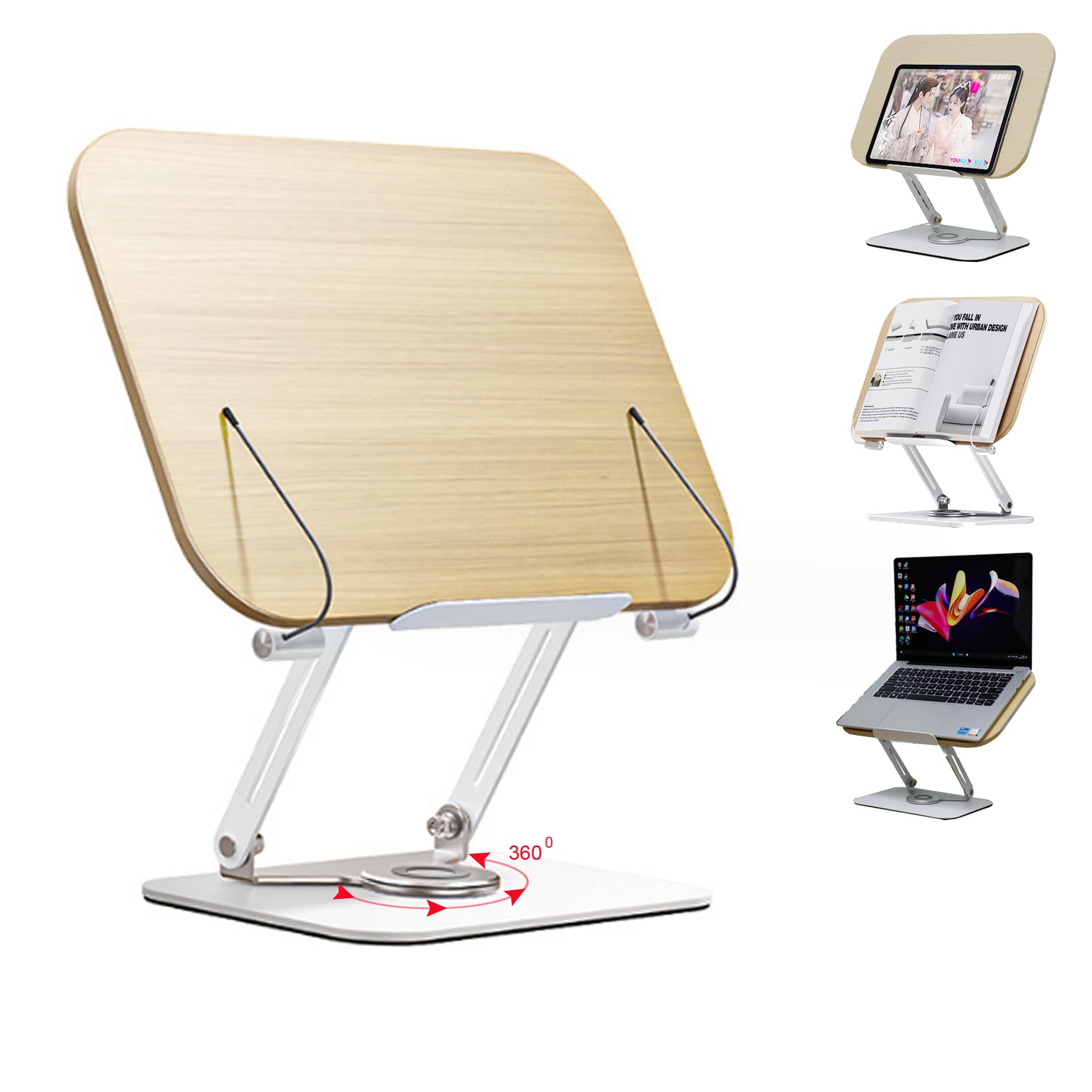 Book Stand for Reading, Adjustable Desktop Book Holder with 360° Rotating Base & Page Clips, Portable & Foldable Desktop Ricer for displaying Cookbook, Music,Laptop,Recipe,Textbook, Hands Free-S