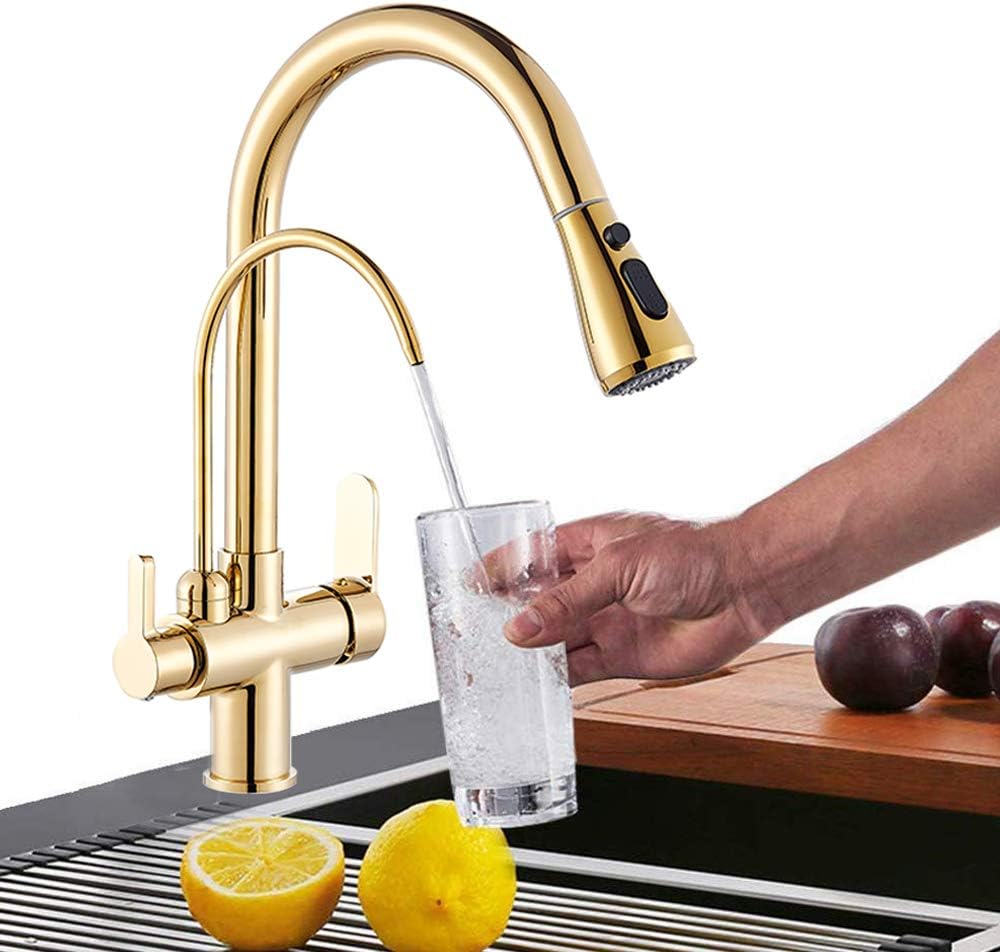 Onyzpily Gold 3 Ways Pure Water Filter Kitchen taps Brass Swivel Pull
