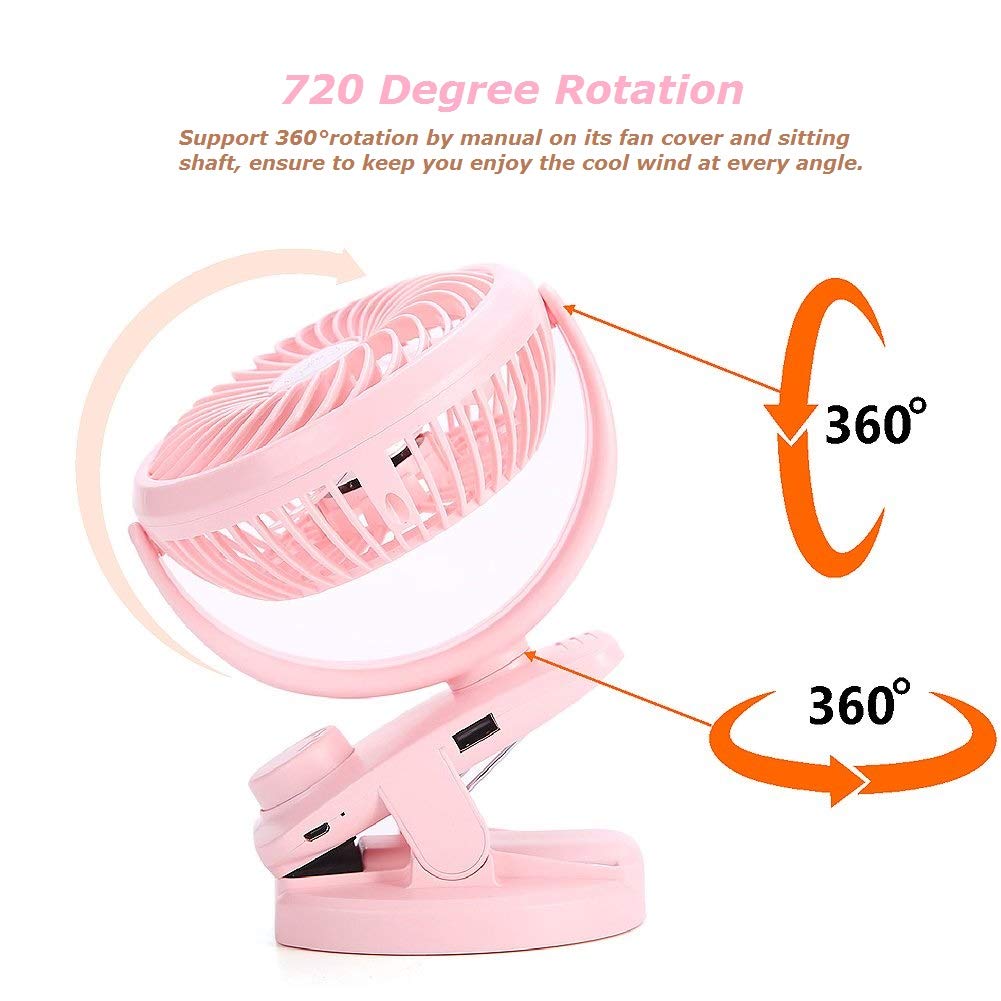 AUSEIN Ventilateur à Pince,Mini Ventilateur de Bureau avec Batterie Rechargeable, Ventilateur USB Silencieux à Rotation sur 360 ° pour la Maison, Les Voyages et Le Bureau (Rose)