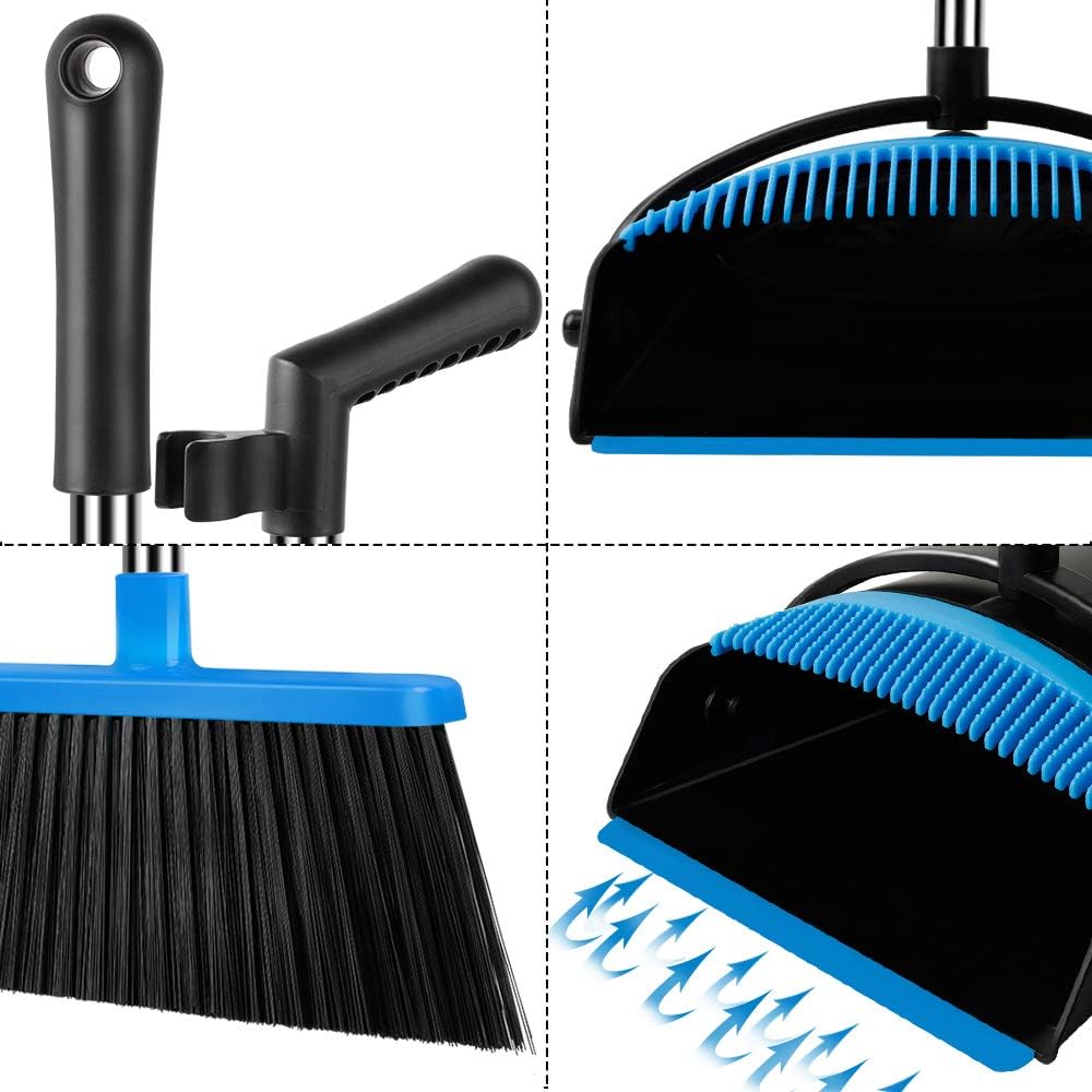UDAODFA Premium Dustpan And Cleaning Broom Combination Of Stainless Steel Extra Long Handle Broom Is Easy To Clean And Assemble, Durable And Foldable For Home, Room, Office, Lobby Use (Black And Blue): Kitchen & Dining