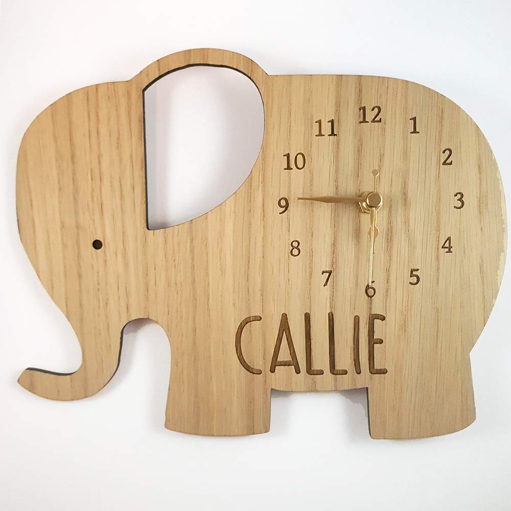 Personalised Engraved Elephant Clock Nursery Decor Oak Veneer