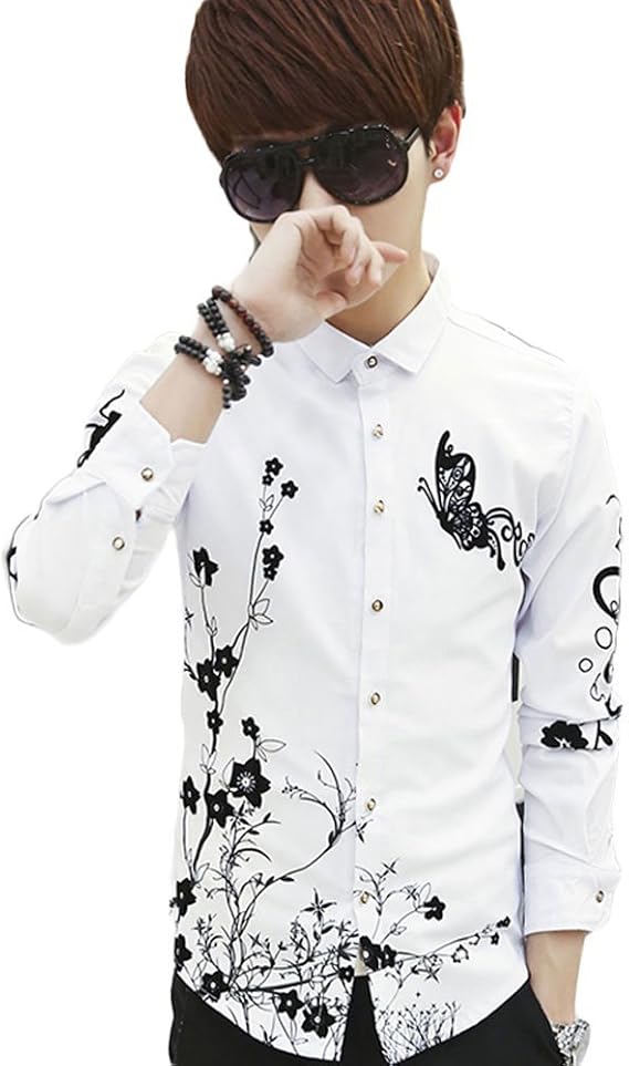 Amazon Sebles メンズ シャツ Yシャツ 長袖 プリント 花 フラワー バタフライ コットン 綿 カジュアル スリム デザインシャツ 襟 ホワイト M シャツ 通販