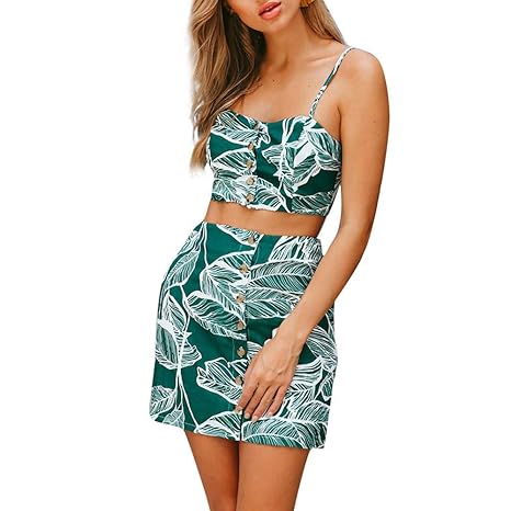 JMETRIC_Kleider Sommer Damen Blumendruck Knopfverschluss Weste Lose Grün Rock Sommerkleid Set