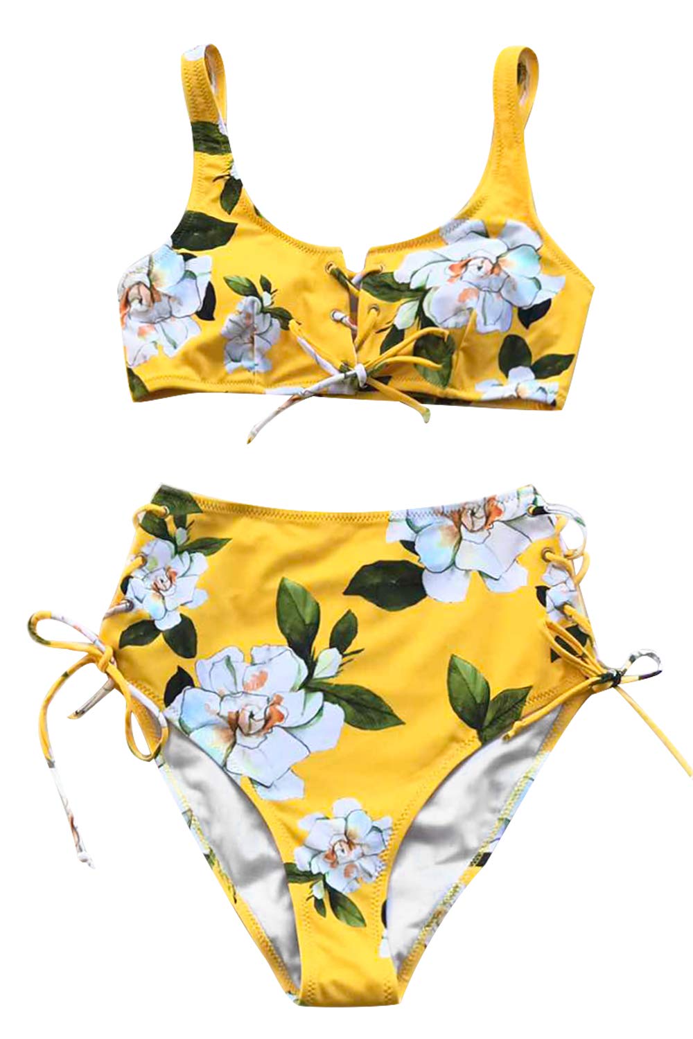CUPSHE Women's Sunny Floral Lace up High-Waisted Bikini