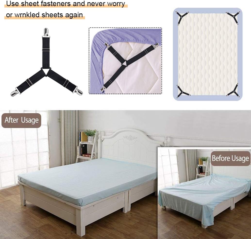 QoeCycth Bed Sheet Holder Straps, 4Pcs Adjustable Triangle Mattress Corner Clips, Elastic Fitted Bed Sheet Fastener Suspenders Grippers Heavy Duty for All Bed Sheets, Mattress Covers, Sofa Cushion: Home & Kitchen