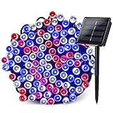 Qedertek Solar String Lights, 72ft 200 LED 8 Modes Patriotic String Lights, Red White Blue String Lights Corresponding with Star-Spangled Banner, Holiday Lights for Xmas, Party Decor(Multi Color)