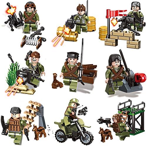 9pcs Army Minifigures Set with Military Weapons Accessories Policeman Soldier Minifigures Toys Interchangeble Hats and Other Parts Building Block Toys 100% Compatible