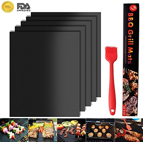 Grill Mat, 100% Non-stick BBQ Grill Baking Mats 5 Sets with Brush, FDA Approved, Reusable and Easy to Clean Barbecue Grilling Accessories Grilling Mat, Works on Gas, Charcoal, Electric Grill