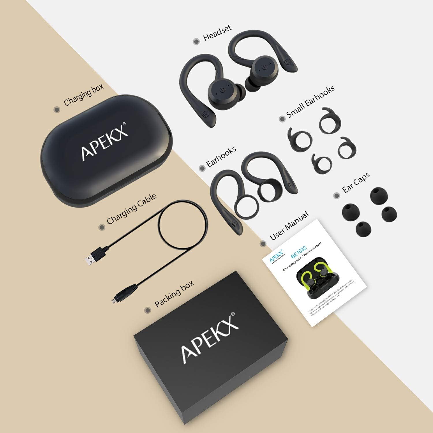 APEKX Bluetooth 5.0 True Wireless Earbuds, IPX7 Waterproof Sports Headphones with Charging Case, Deep Bass Stereo - Image 5