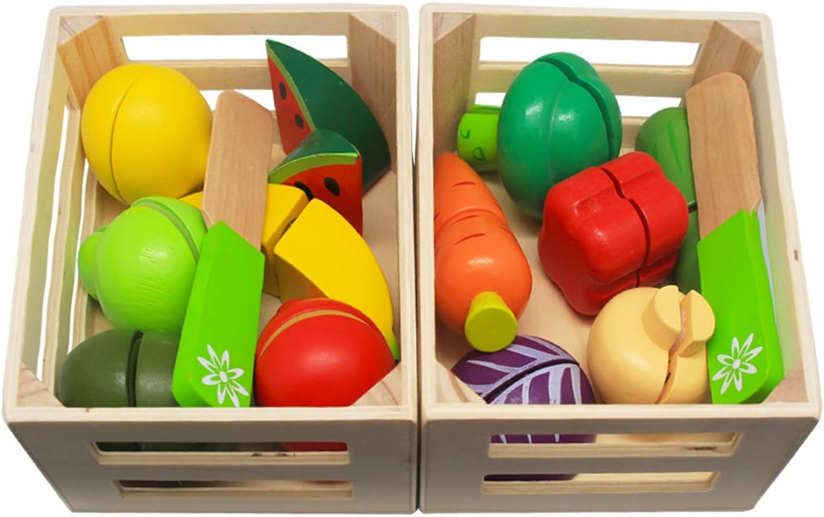 Wooden Toys for 2 Year Old - Pretend Play Food Set for Kids Play Kitchen,Cuttable Toy Fruit and Veg with Wooden Knife and Case,Gift Idea for Boys Girls Birthday