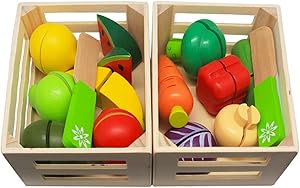 Wooden Toys for 2 Year Old - Pretend Play Food Set for Kids Play Kitchen,Cuttable Toy Fruit and Veg with Wooden Knife and Case,Gift Idea for Boys Girls Birthday