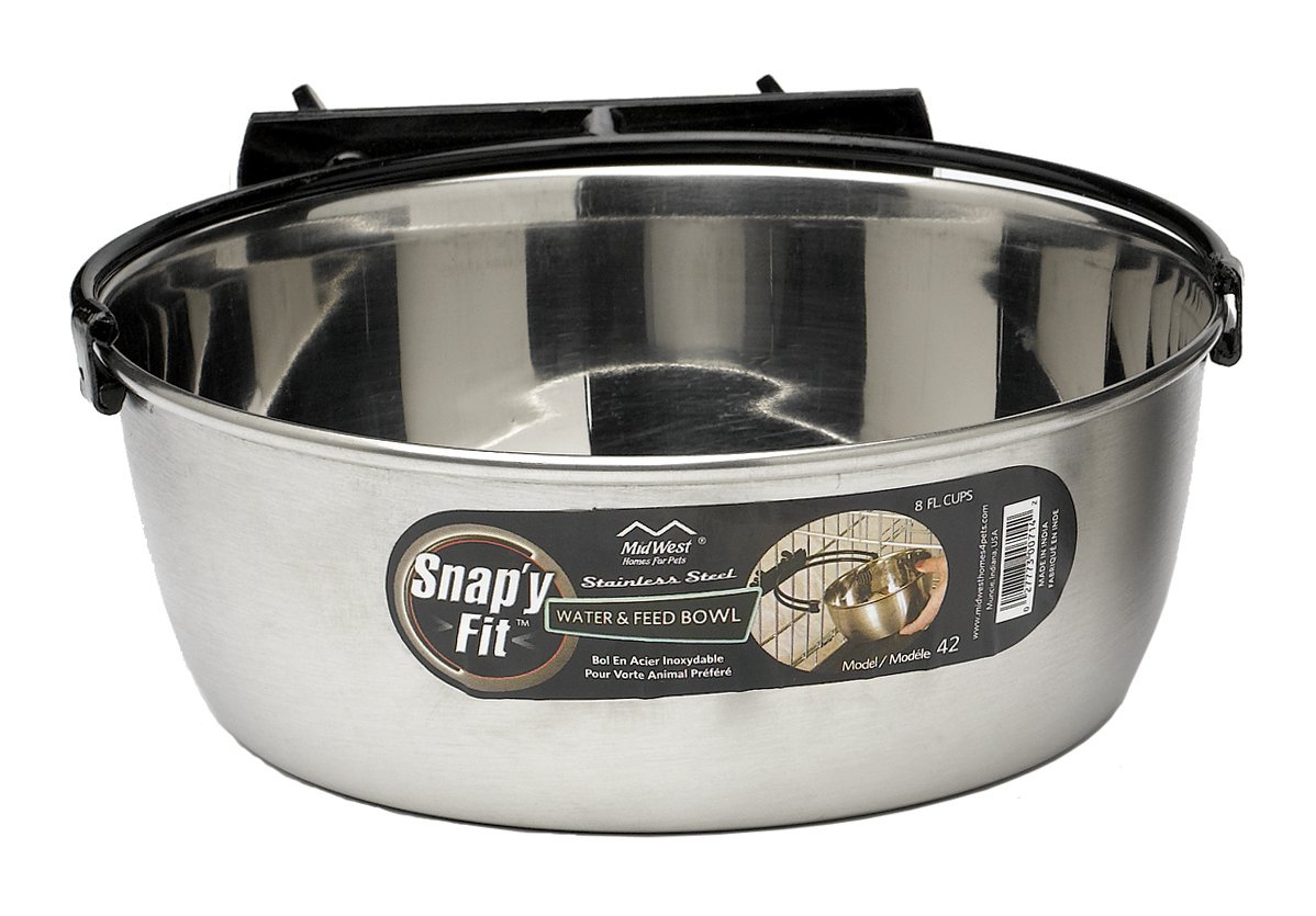 MidWest Homes for Pets Snap'y Fit Stainless Steel Food or Water Bowl, Holds 1.9 L, Mounts to Wire Crates, No-Tip Design, Rust-Resistant, For Large Dogs and Cats