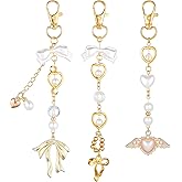 LIQWEI 3 Pcs Gold Bow Keychain Bag Charms for Women, Pearl Bag Charm Cute Keychain Bow Heart Kaychain, Bags Accessories Birthday Gifts for Women