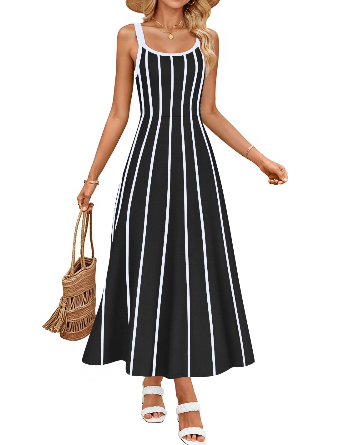 Photo 1 of ZESICA Womens 2025 Summer Sleeveless Striped Midi Dresses Casual A Line Swing Knit Long Dress Beach Vacation Clothes,Black,Large